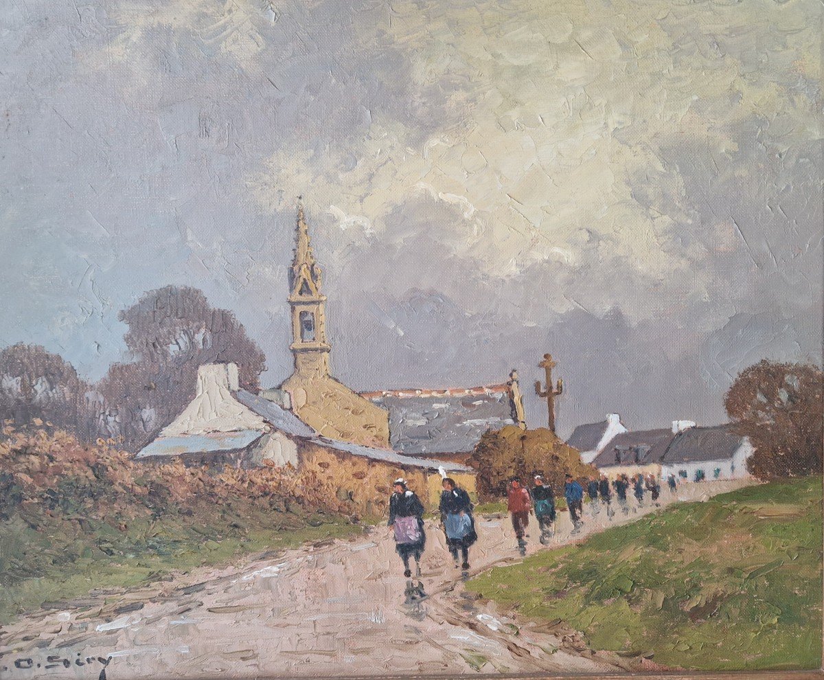 Oil On Canvas By Olivier Servy Breton Landscape, Leaving Mass