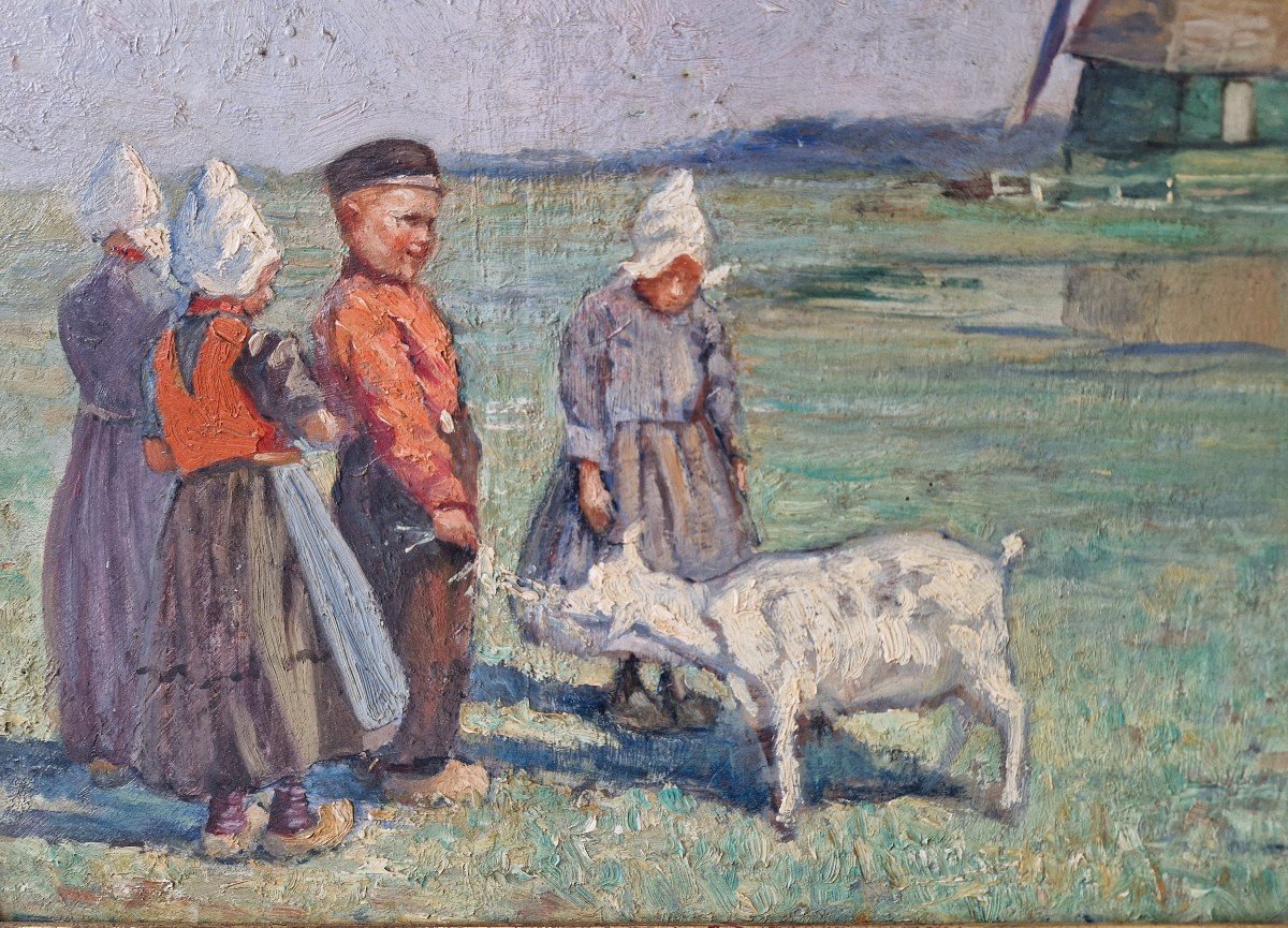 Oil On Panel. Pastoral Scene In Holland