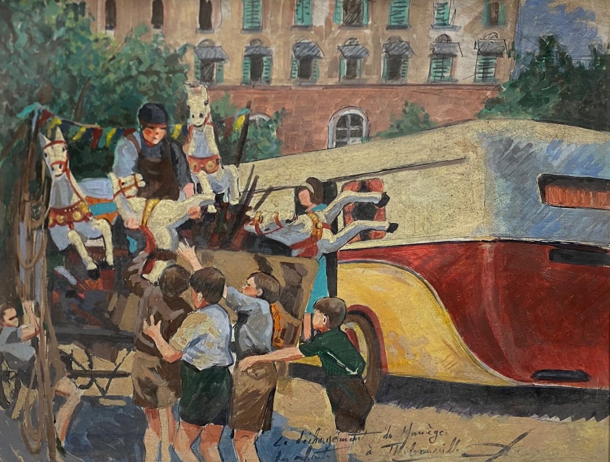 «le Déchargement Du Manège, Les Enfants à Thiberville»C.C