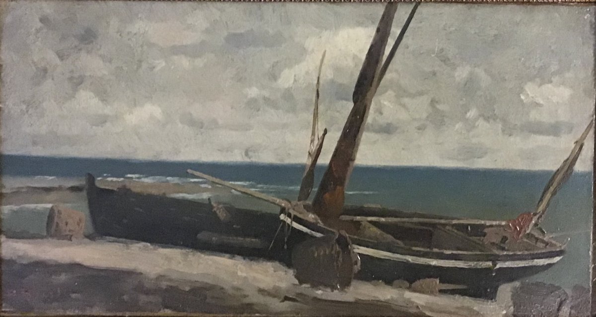 Barques à L’échouage, Huile Sur Bois Signée, 19ème, 19x34 Cm