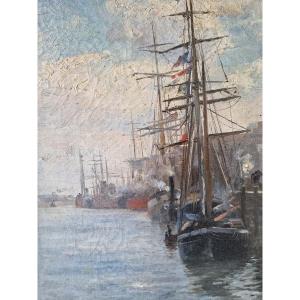 Huile Sur Toile, Peinture Marine. Voiliers à quai.