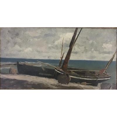 Barques à L’échouage, Huile Sur Bois Signée, 19ème, 19x34 Cm