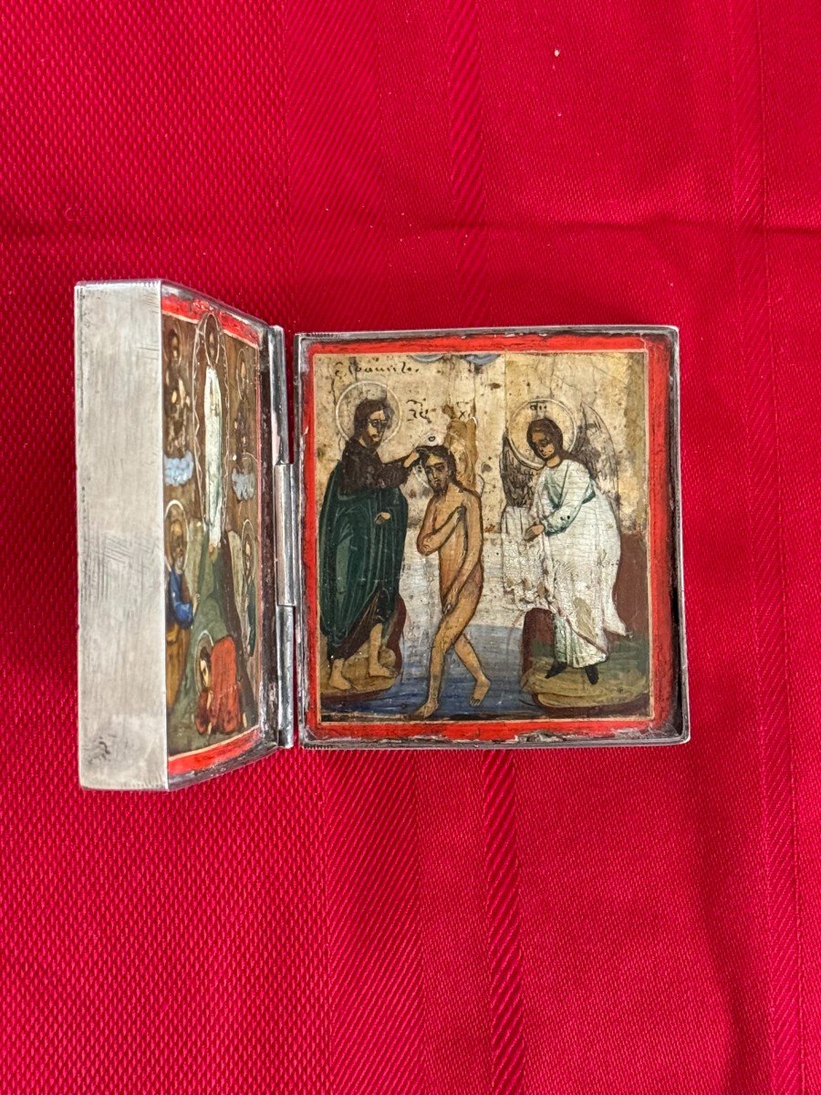 Très Joli Diptyque En Argent Tempera Sur Bois Figurant La Résurrection Et Le Baptême Du Christ-photo-4