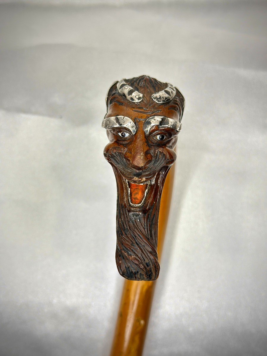 Antique Cane In Reed And Silver - Satyr Head, Louis-philippe Period (19th Century)-photo-2