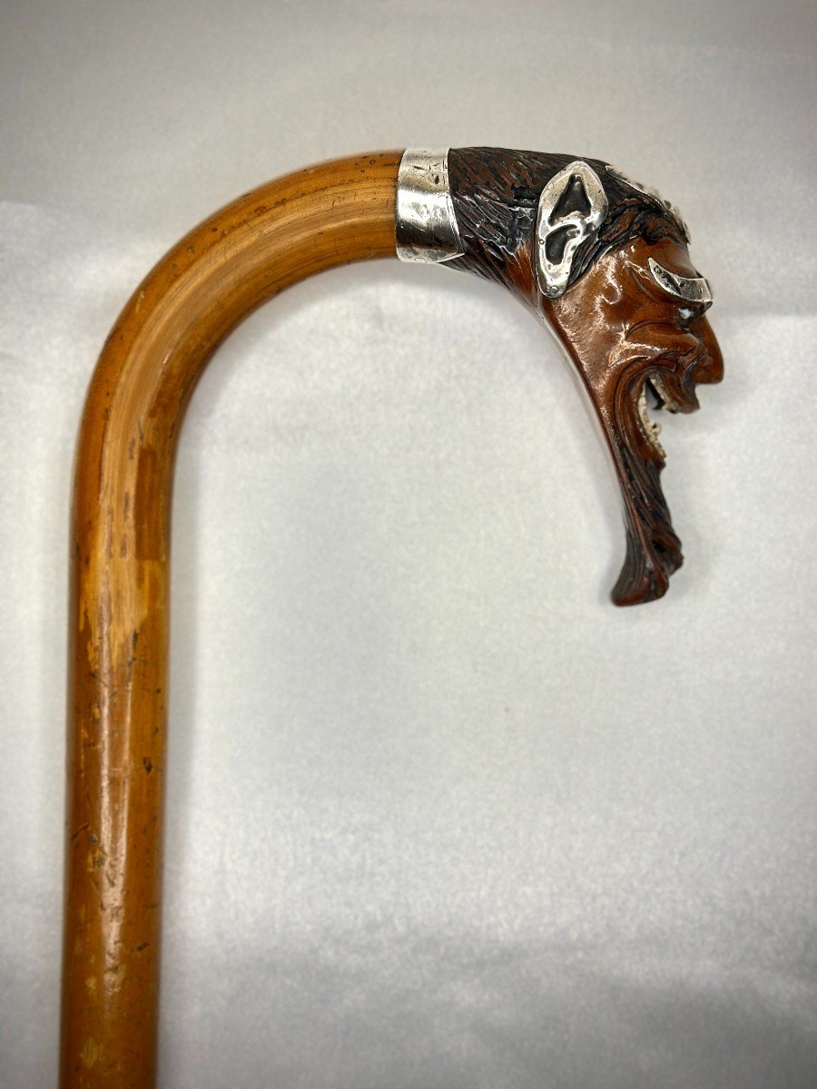 Antique Cane In Reed And Silver - Satyr Head, Louis-philippe Period (19th Century)-photo-1