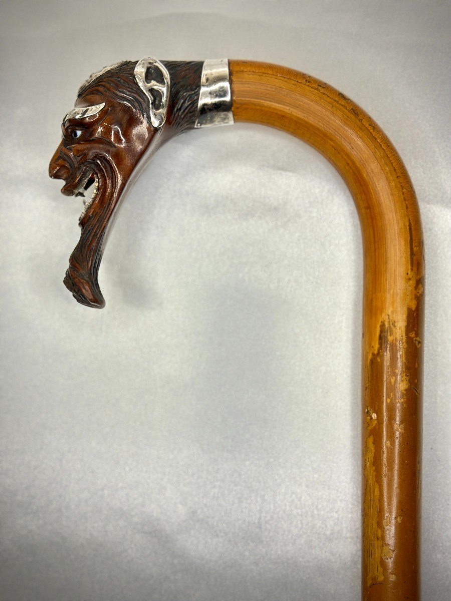 Antique Cane In Reed And Silver - Satyr Head, Louis-philippe Period (19th Century)-photo-2