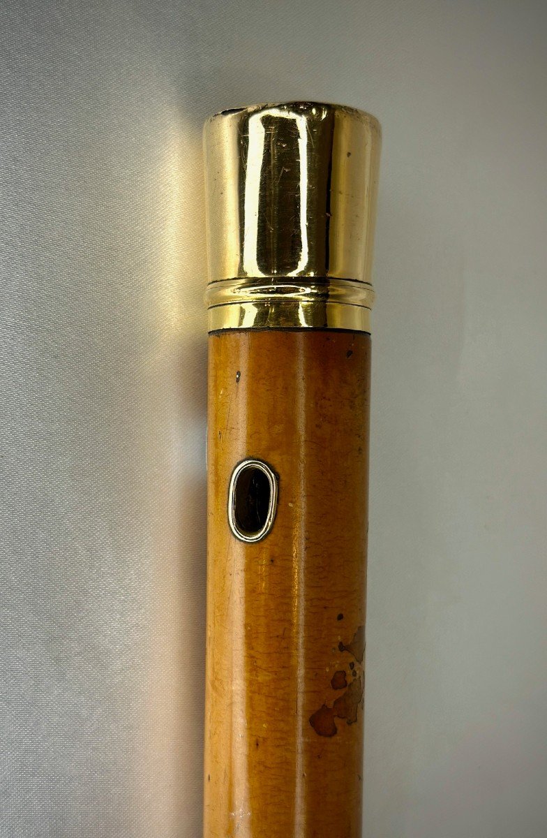  Antique Louis-philippe Period Cane (19th Century) In Wood, Gold And Brass - Engraved Coat Of Arms