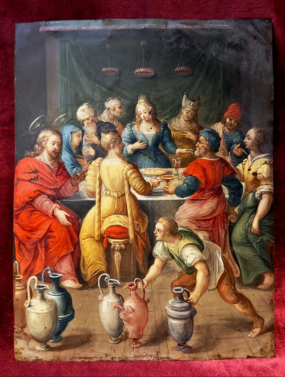 "wedding At Cana" - Flemish Oil Painting On Copper - 16th Century - Renaissance