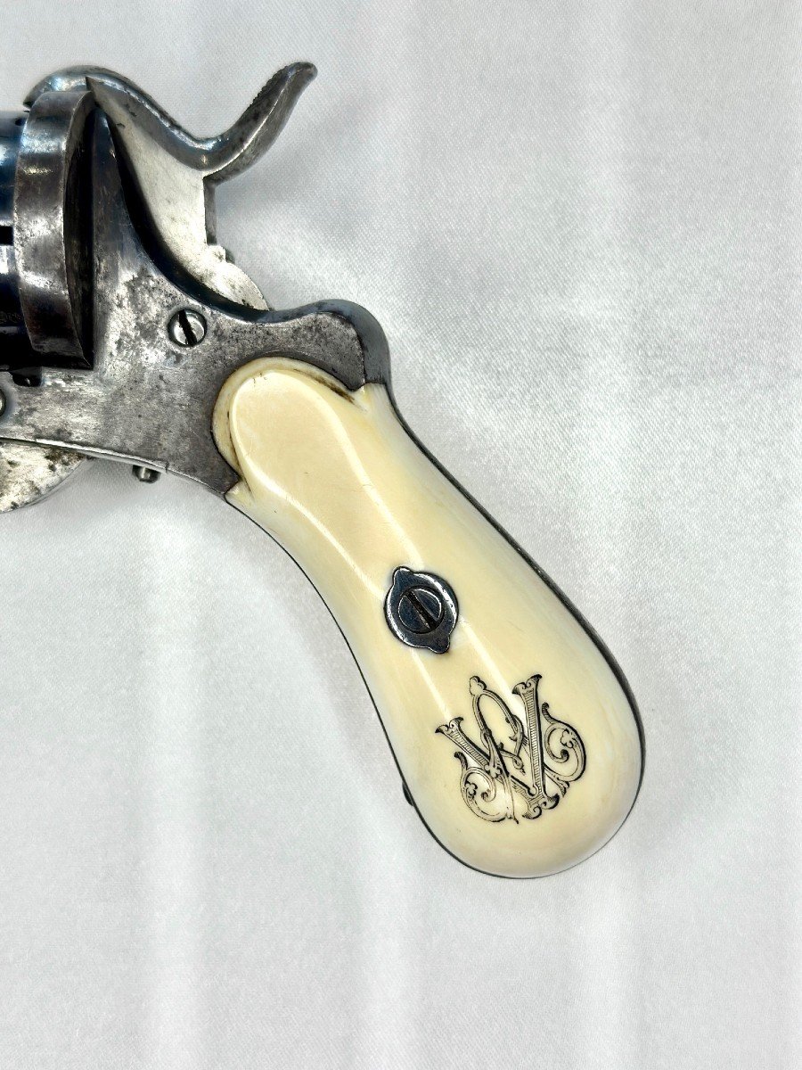 Petit Pistolet Style Lefaucheux En Acier Bleui - Monogrammé - 19ème Siècle-photo-3