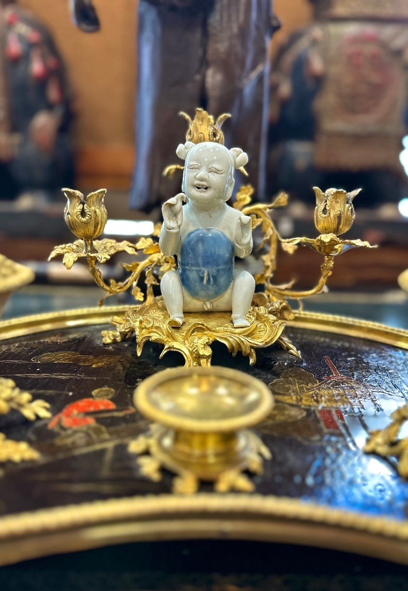 Encrier En Laque, Porcelaine Et Bronze Doré De Style Louis XV, XIXe Siècle, Elements anciens-photo-1