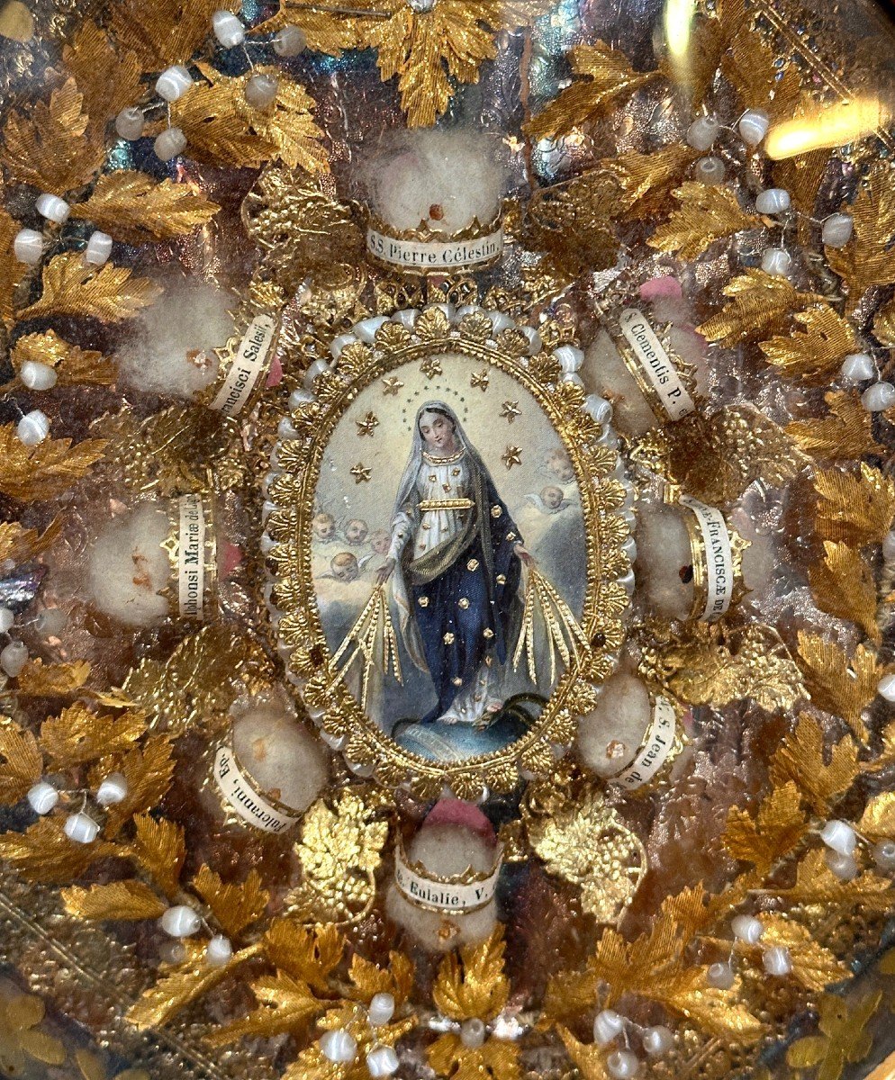 Reliquary In Paperolles - Golden Frame - 19th Century-photo-2