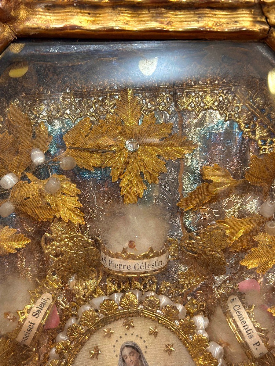 Reliquary In Paperolles - Golden Frame - 19th Century-photo-2