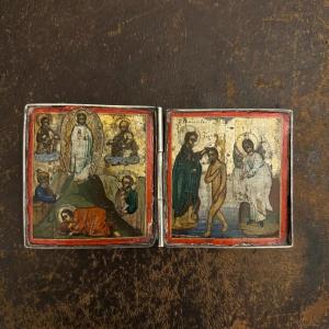 Very Pretty Diptych In Silver Tempera On Wood Depicting The Resurrection And Baptism Of Christ