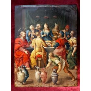 "Noces De Cana" - Peinture à l'Huile Flamande Sur Cuivre - 16ème Siècle - Renaissance