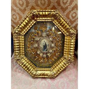 Reliquary In Paperolles - Golden Frame - 19th Century