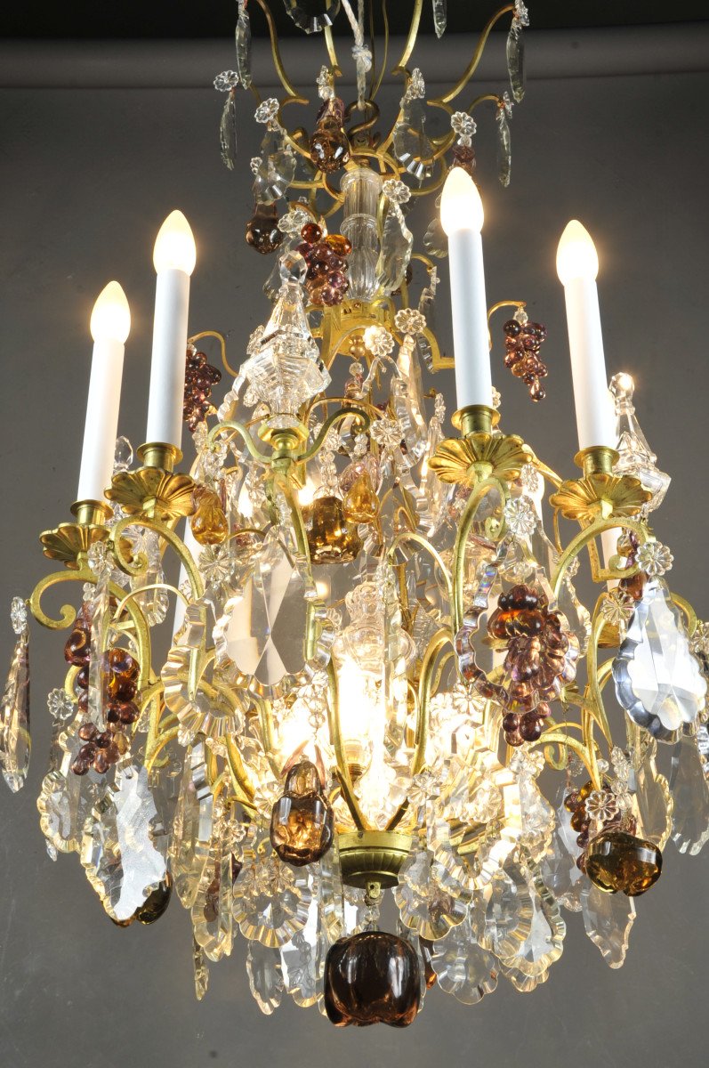 Grand Lustre En Bronze Doré, Cristal De Baccarat Et Verre De Murano-photo-1