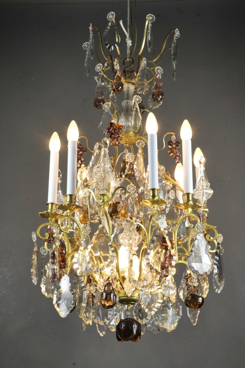 Grand Lustre En Bronze Doré, Cristal De Baccarat Et Verre De Murano-photo-2