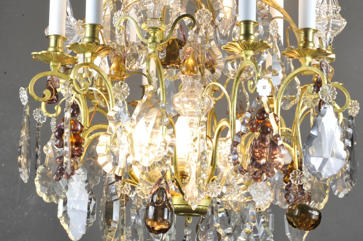 Grand Lustre En Bronze Doré, Cristal De Baccarat Et Verre De Murano-photo-3