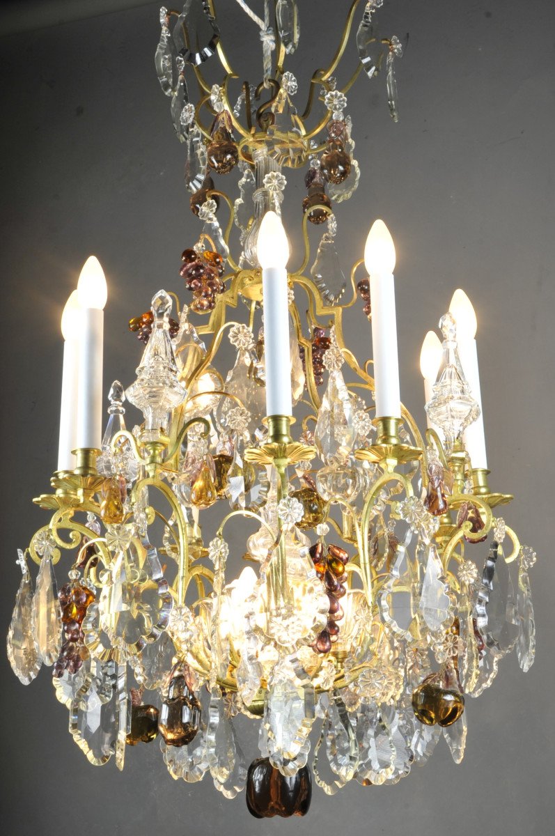 Grand Lustre En Bronze Doré, Cristal De Baccarat Et Verre De Murano-photo-6