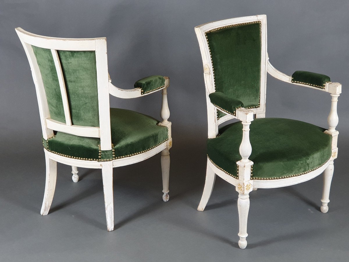 Pair Of Directoire Armchairs In White Lacquered Wood-photo-2