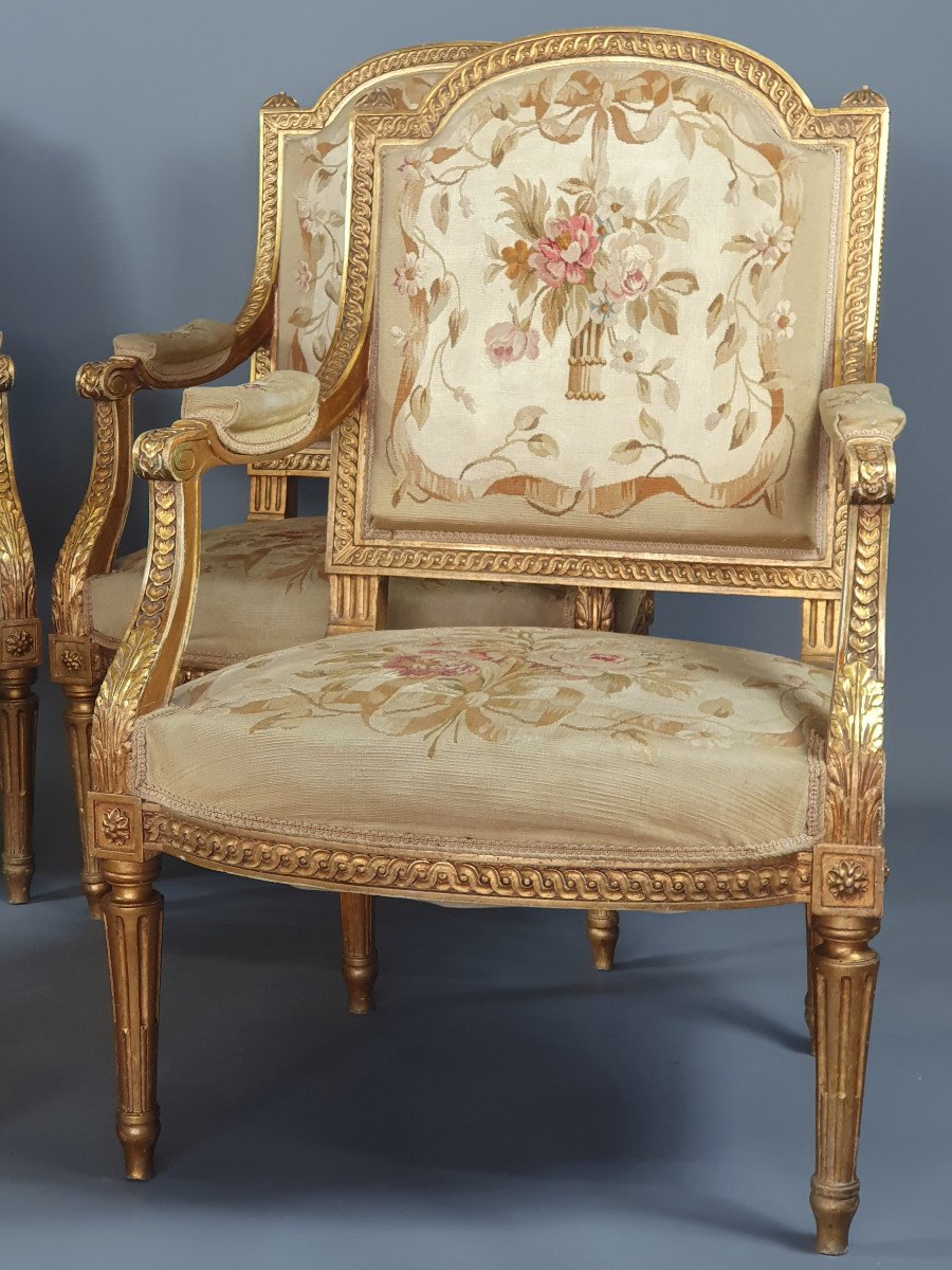 Salon De Style Louis XVI En Bois Doré Et Tapisserie d'Aubusson-photo-2