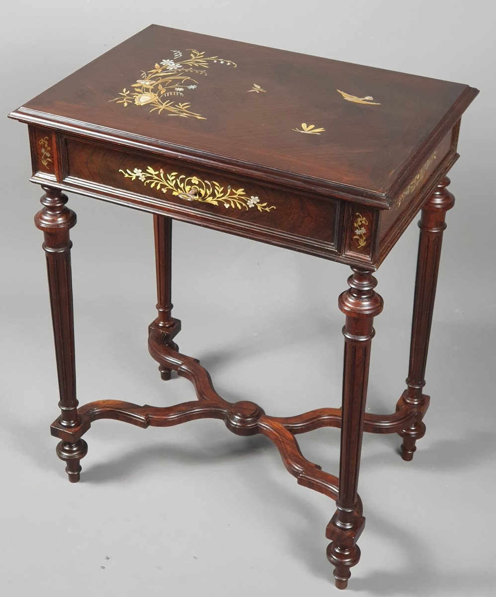 Art Nouveau Period Side Table In Brass And Mother Of Pearl Marquetry-photo-4