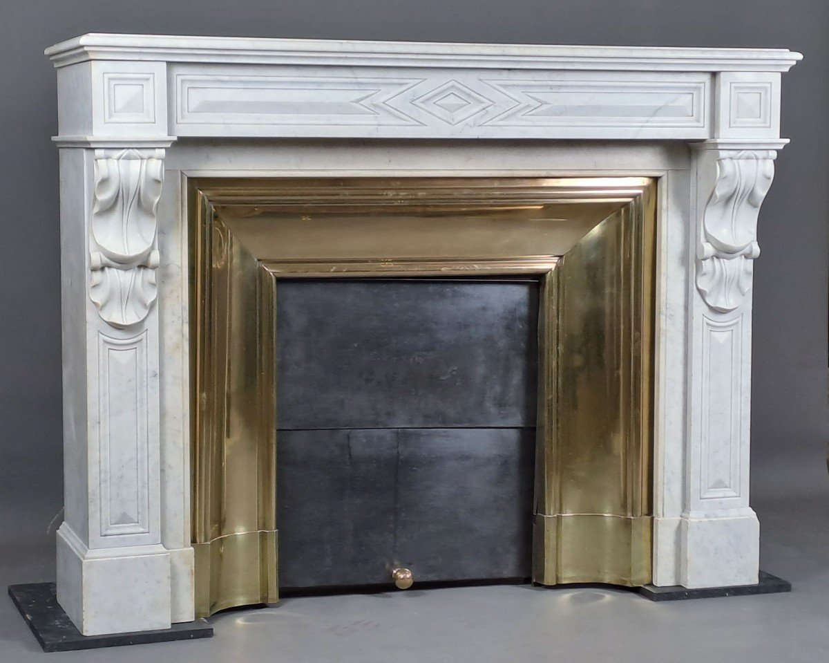 Napoleon III Fireplace With Modillions In White Carrara Marble-photo-2