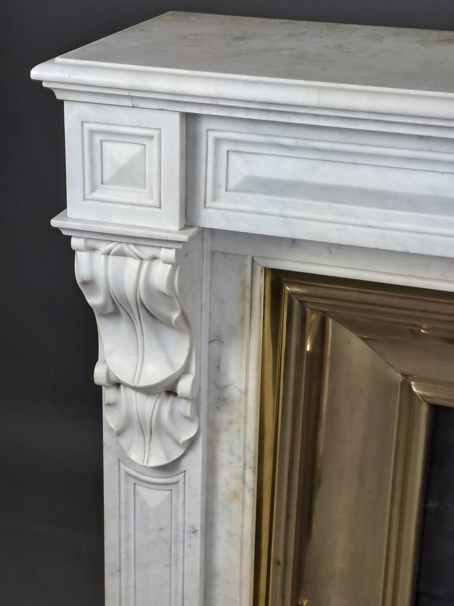 Napoleon III Fireplace With Modillions In White Carrara Marble-photo-3