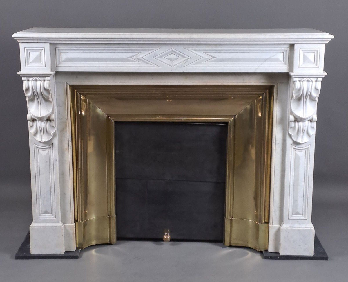 Napoleon III Fireplace With Modillions In White Carrara Marble-photo-1