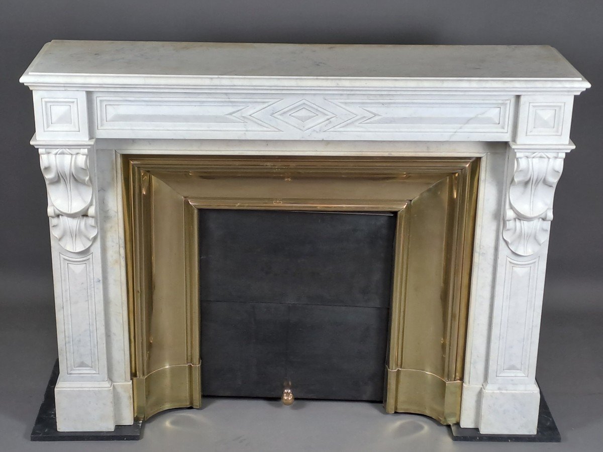 Napoleon III Fireplace With Modillions In White Carrara Marble-photo-3