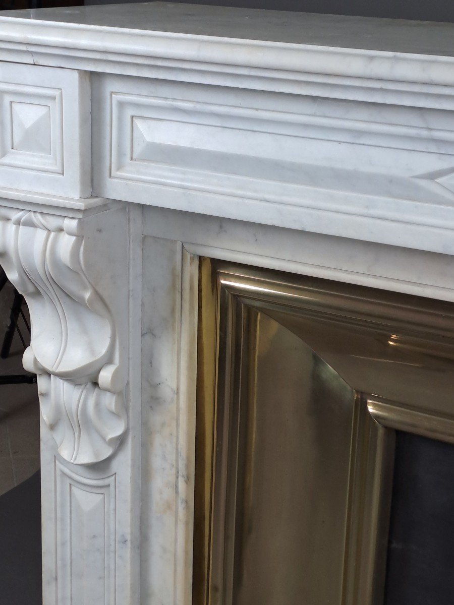 Napoleon III Fireplace With Modillions In White Carrara Marble-photo-5