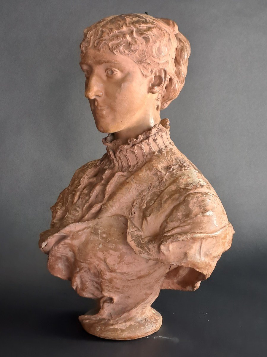 Female Bust In Terracotta Signed Denys Puech-photo-5