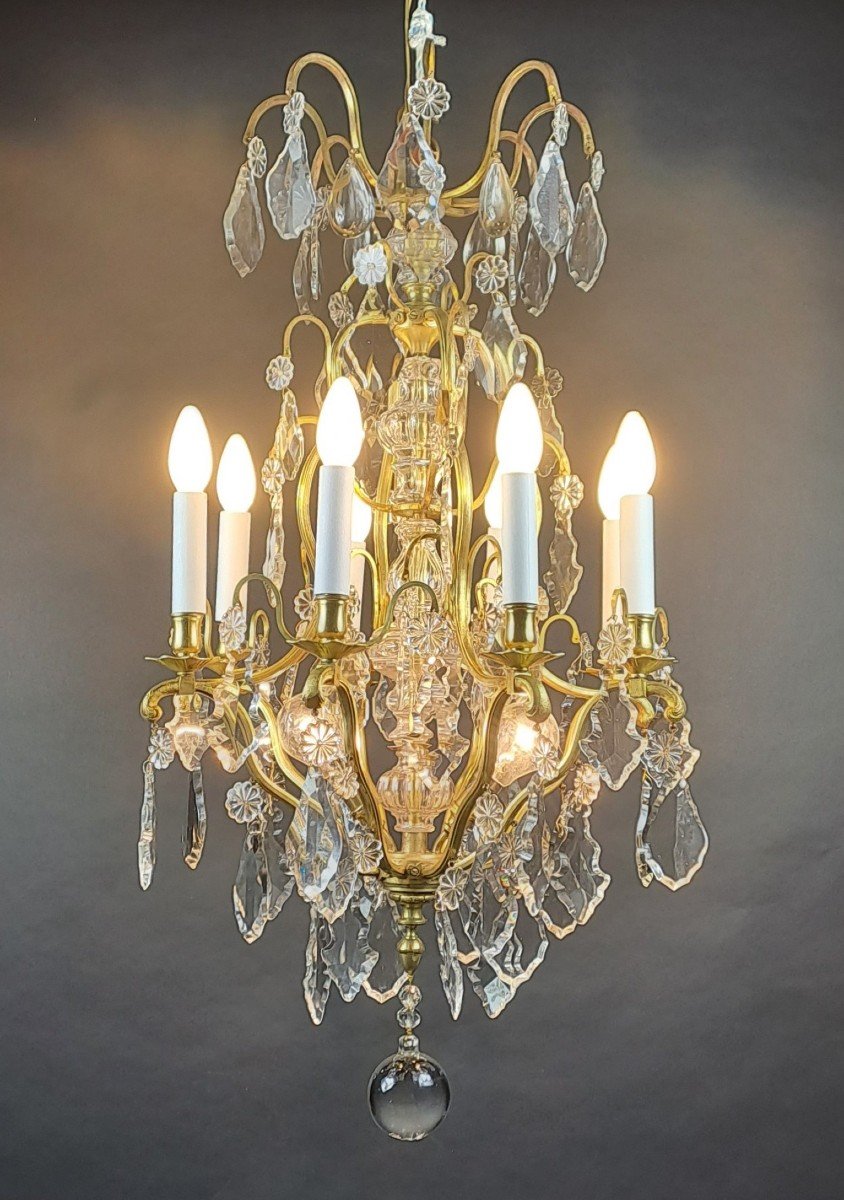 Lustre Cage En Bronze Doré Et Cristal De Baccarat