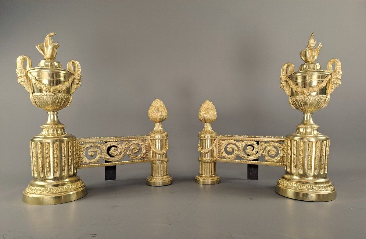 Pair Of Louis XVI Style Andirons In Gilt Bronze-photo-2