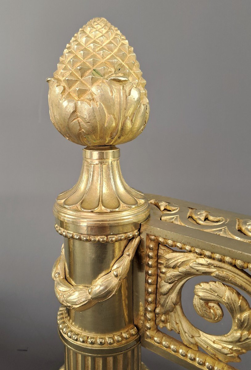 Pair Of Louis XVI Style Andirons In Gilt Bronze-photo-4