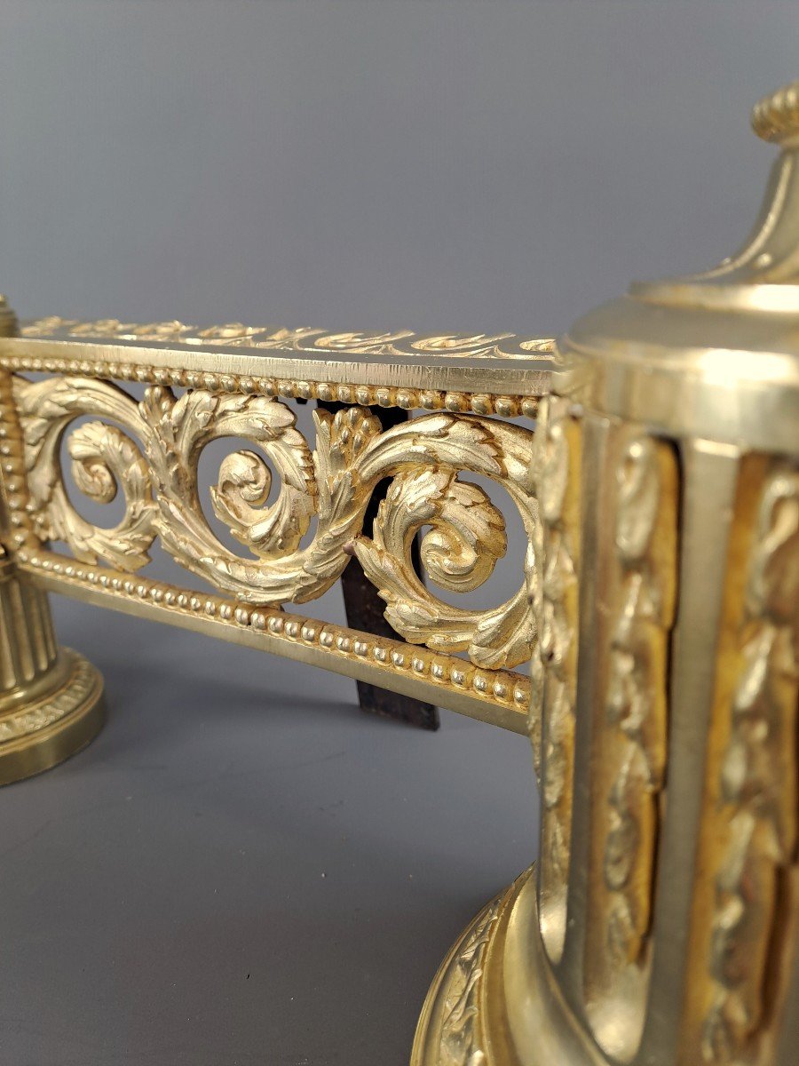 Pair Of Louis XVI Style Andirons In Gilt Bronze-photo-1