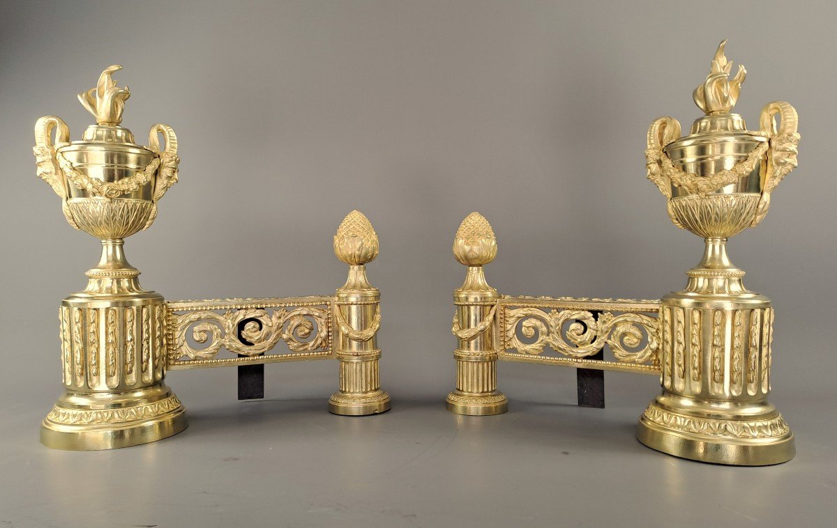 Pair Of Louis XVI Style Andirons In Gilt Bronze-photo-2