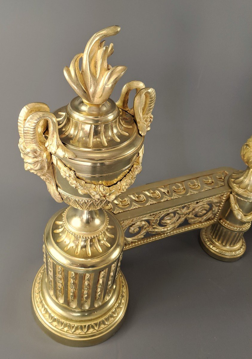 Pair Of Louis XVI Style Andirons In Gilt Bronze-photo-3