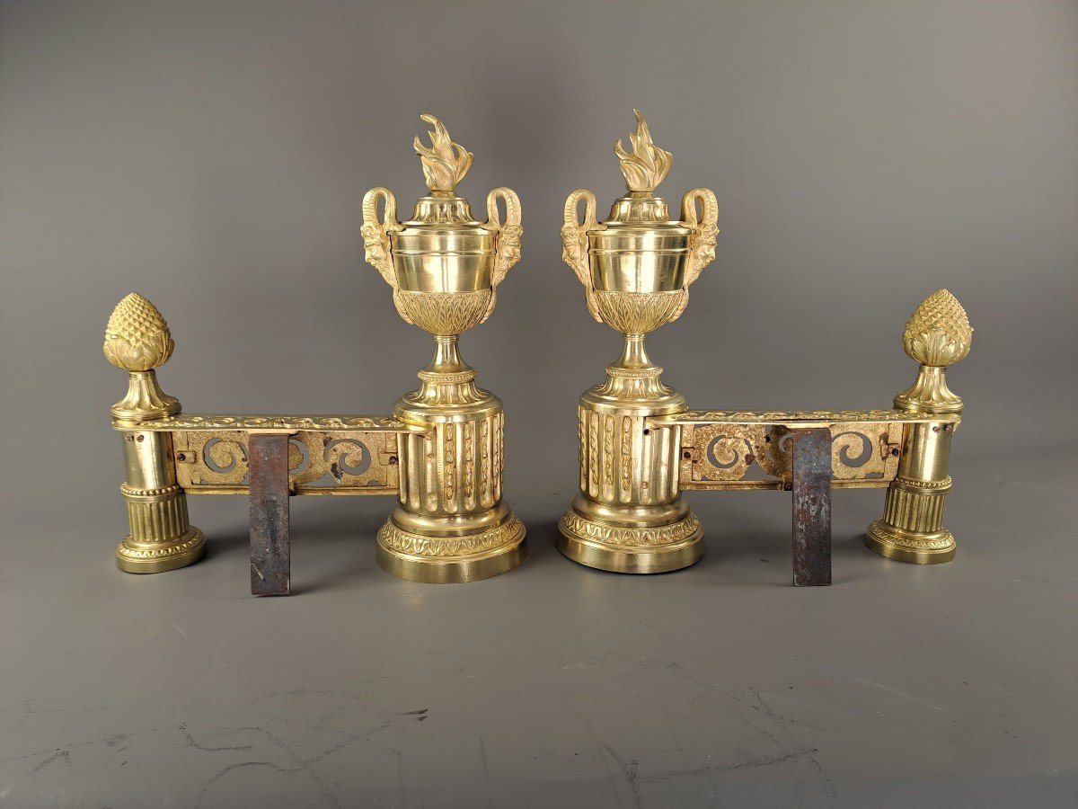 Pair Of Louis XVI Style Andirons In Gilt Bronze-photo-4