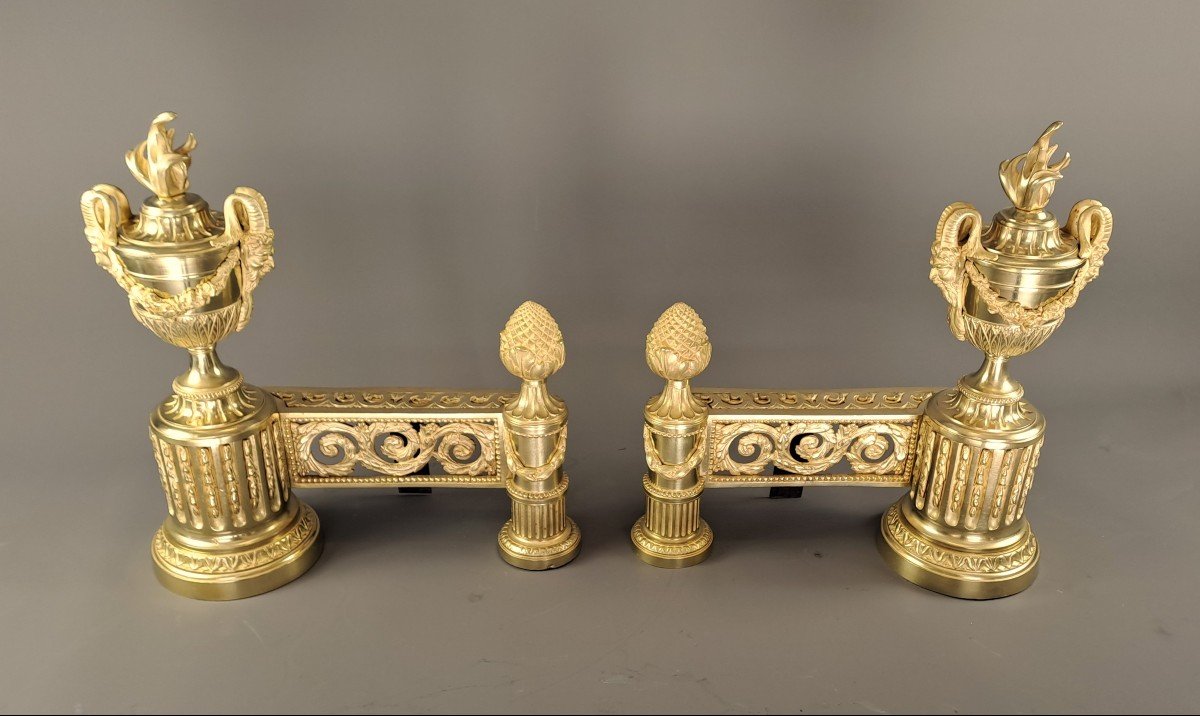 Pair Of Louis XVI Style Andirons In Gilt Bronze-photo-6