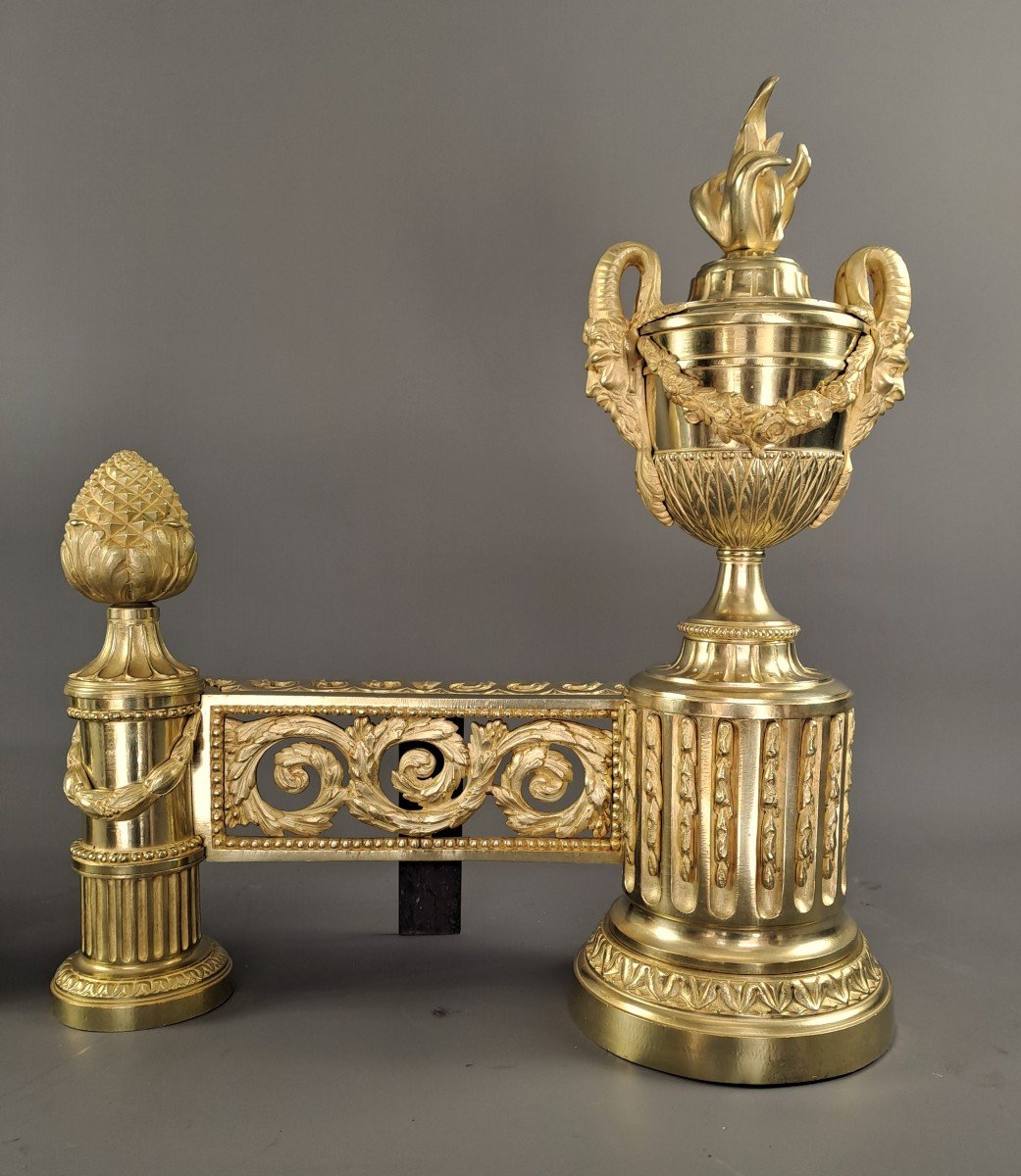 Pair Of Louis XVI Style Andirons In Gilt Bronze-photo-7