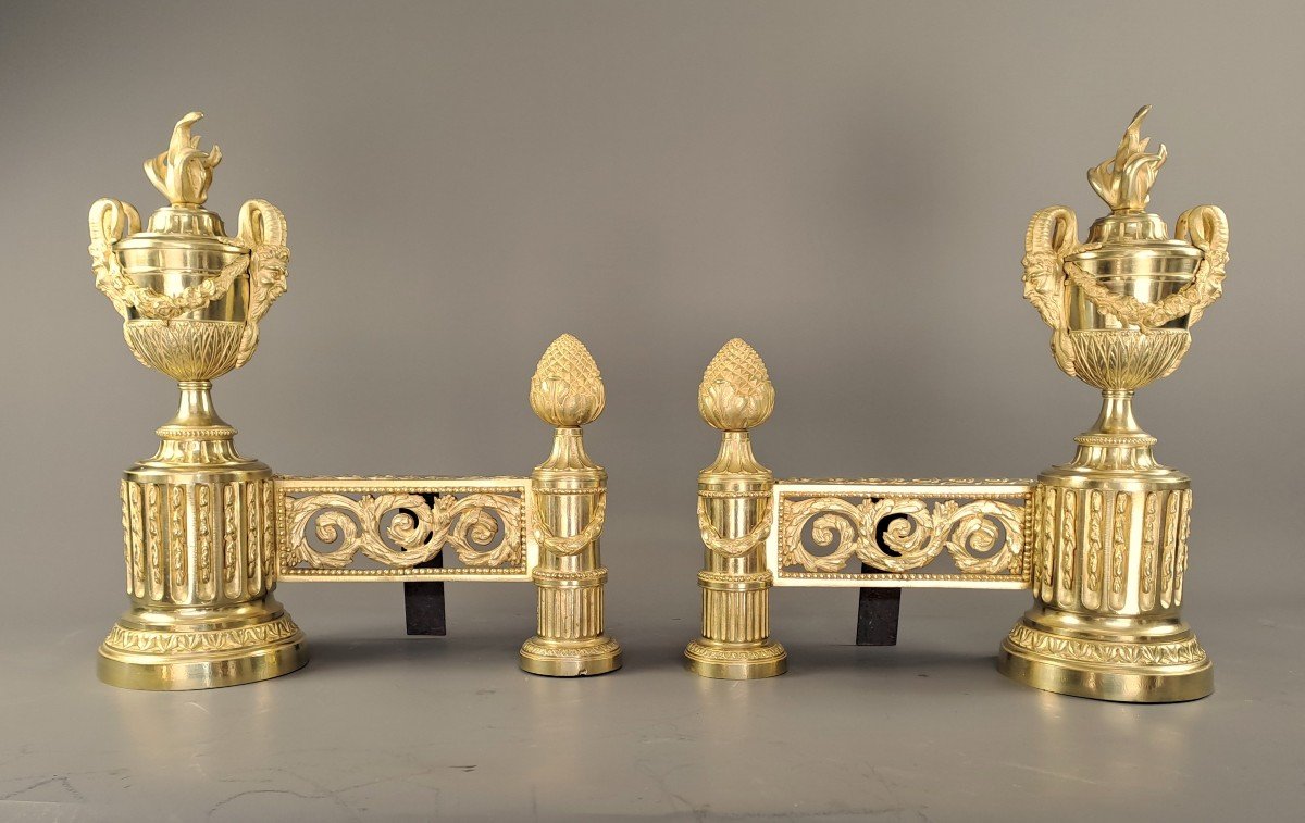 Pair Of Louis XVI Style Andirons In Gilt Bronze