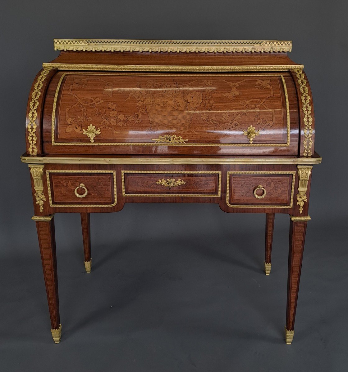 Louis XVI Style Cylinder Secretary In Marquetry And Gilt Bronze-photo-3