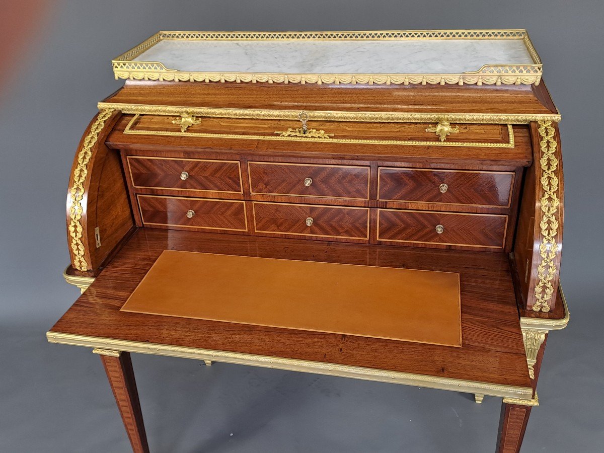 Louis XVI Style Cylinder Secretary In Marquetry And Gilt Bronze-photo-3