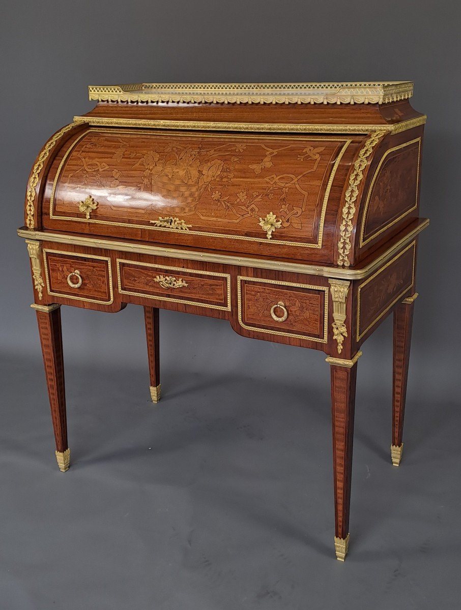 Louis XVI Style Cylinder Secretary In Marquetry And Gilt Bronze-photo-5