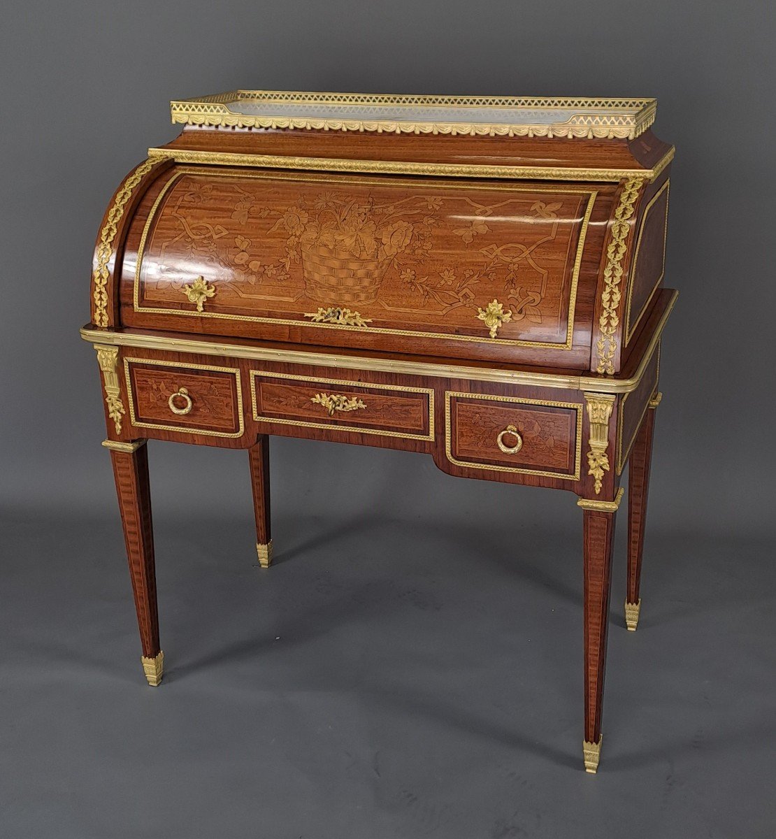 Louis XVI Style Cylinder Secretary In Marquetry And Gilt Bronze