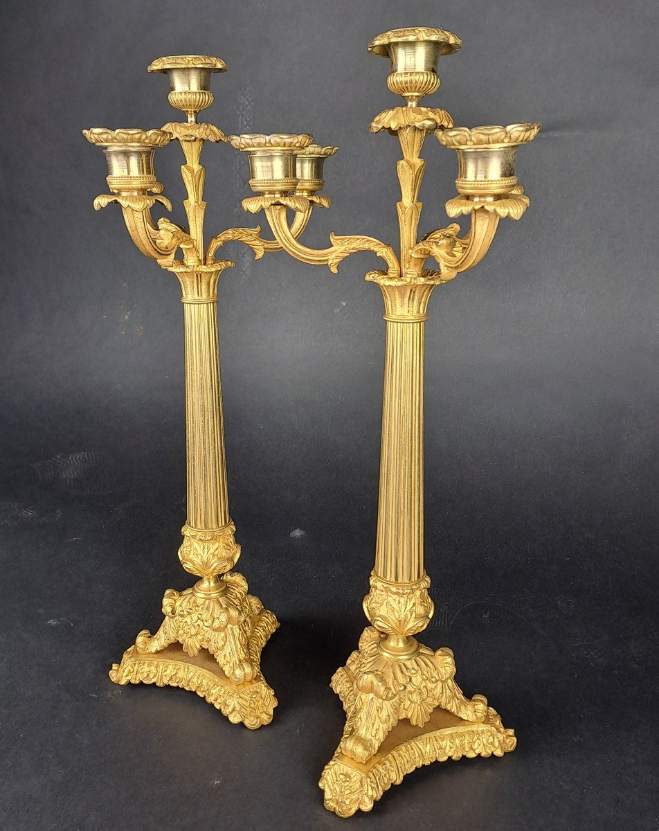 Pair Of Candelabra In Gilt Bronze From The Restoration Period-photo-1