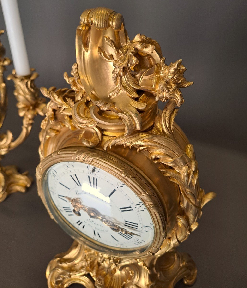 Garniture De Cheminée -  Pendule & Candélabres De Style Louis XIV En Bronze Doré signé Colin -photo-1