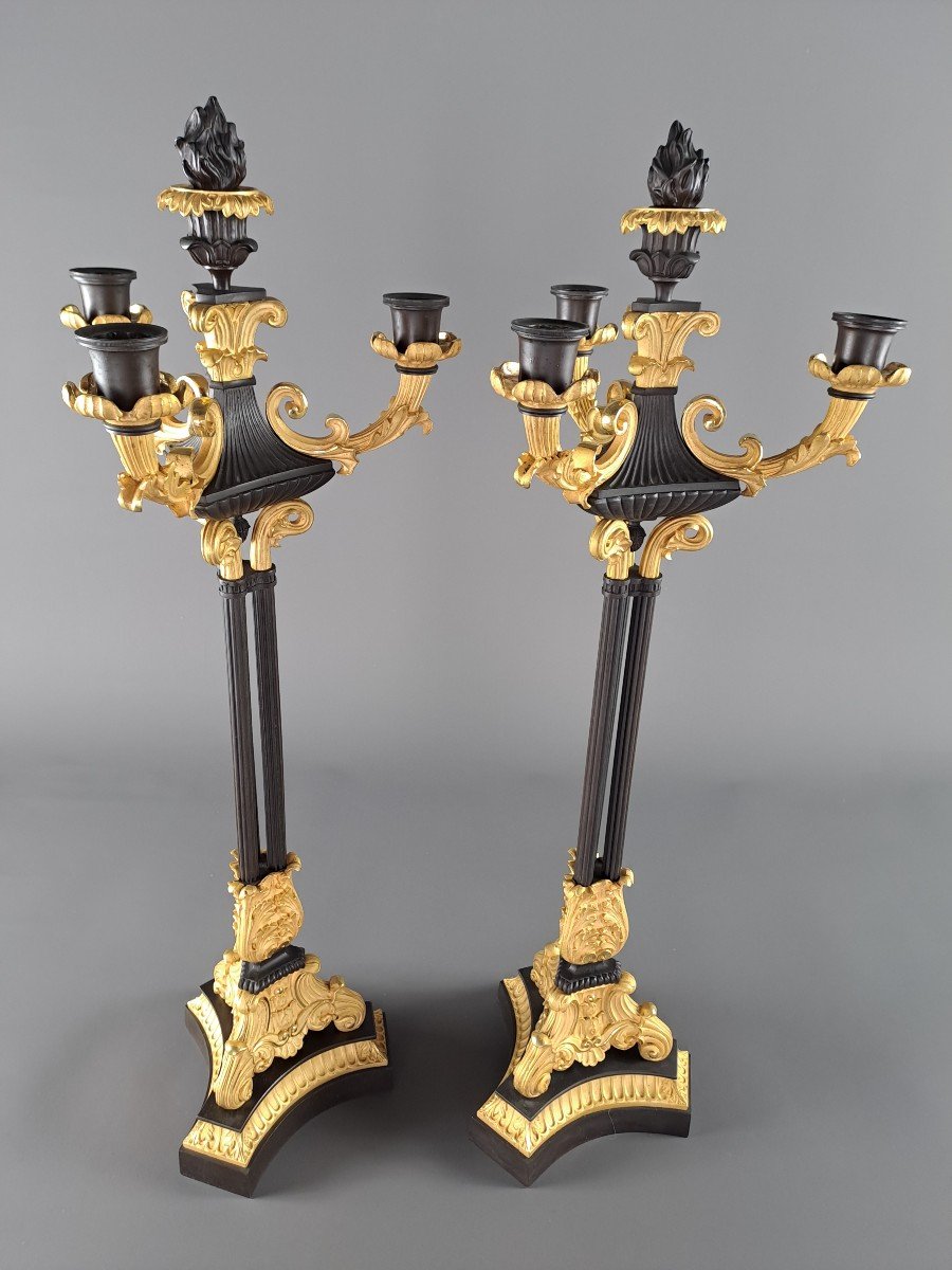 Grande Paire De Candélabres En Bronze Doré Et à Patine noire d'époque Restauration-photo-4