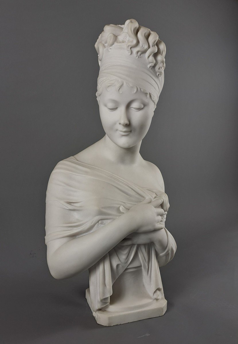 Large Carrara Marble Bust Of Madame Récamier After Chinard And Houdon -photo-2